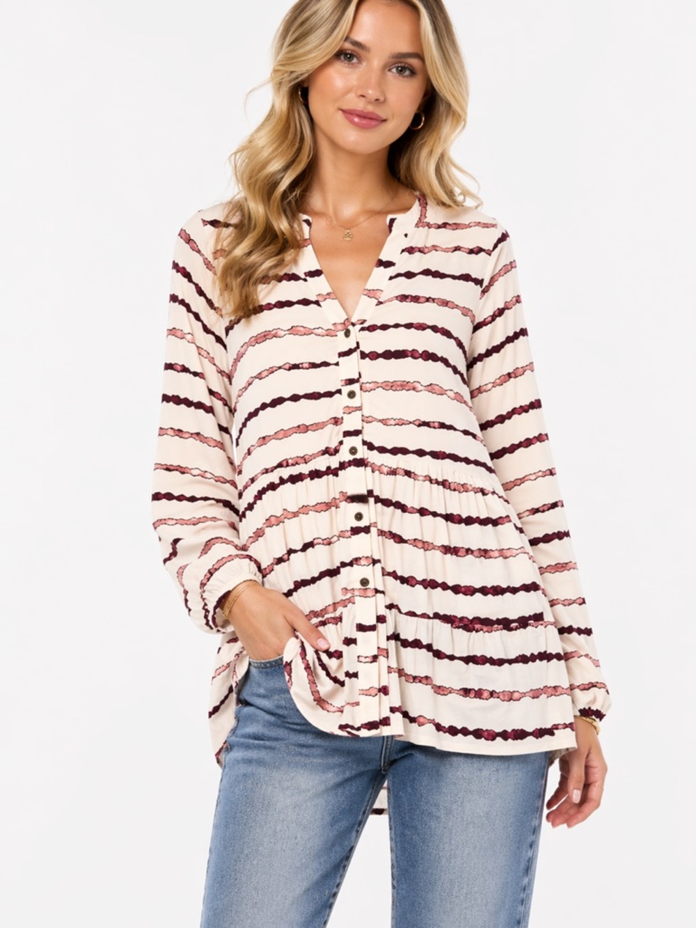 EUC Wonderly Striped High Low Button Up Long Sleeve Shirt Size‎ Medium
